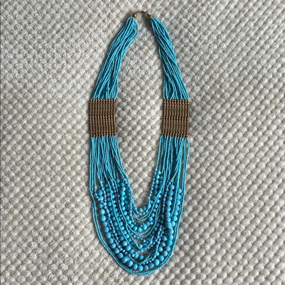 Multiple Strands of Turquoise and Gold, Blue Beaded East Asian Necklace 1980’s